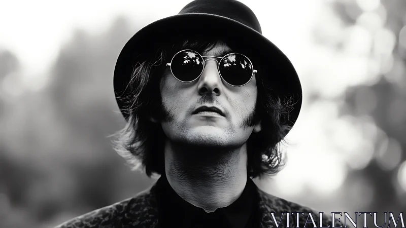 Monochrome portrait of person in hat and round glasses.