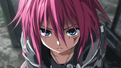 Pink haired anime rebel with scarred face in dramatic closeup