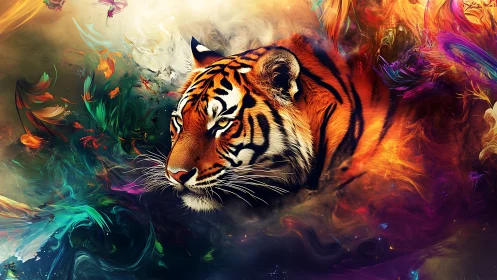 Bengal tiger portrait in luminous multicolor abstract nebula