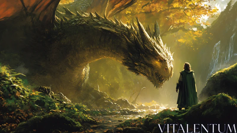 Cloaked wanderer confronts golden dragon in sunlit forest gorge