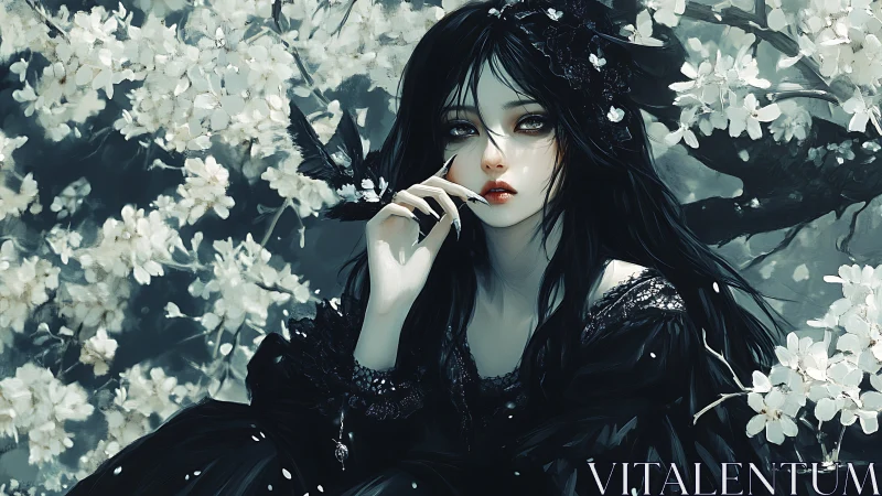 Mystic dark-haired girl resting softly among pale blossoms.