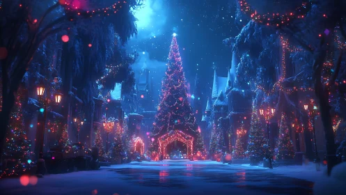 Enchanted winter avenue with towering luminescent Christmas tree.