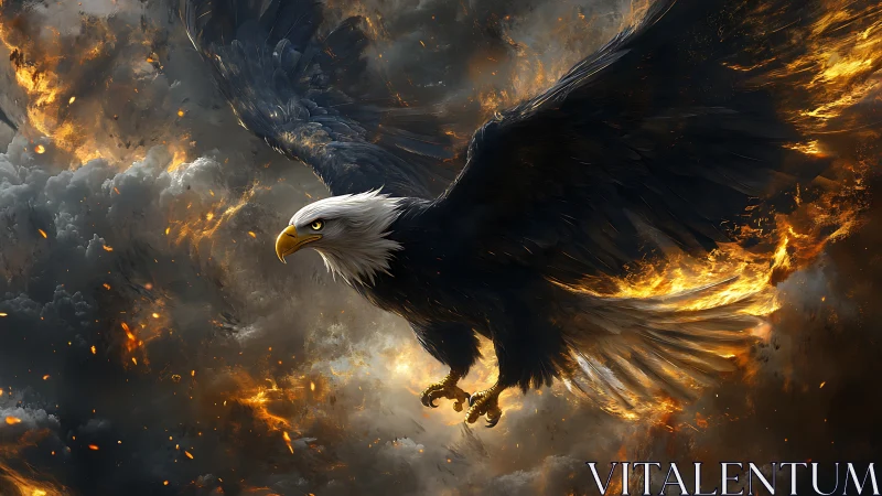 Majestic Bald Eagle Soaring Through Fiery Storm in Digital Art.