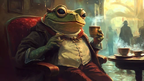 Frog gentleman in café armchair holding steaming teacup