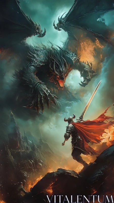 Armored paladin confronting multiheaded draconic hellbeast at dusk.