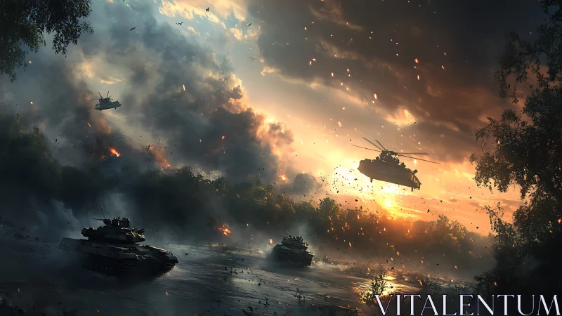 Stormlit battlefield scene captures tanks and helicopter in motion