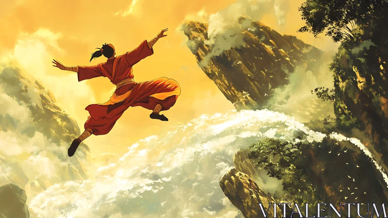 Martial artist soaring above sunlit misty mountain cliffs.