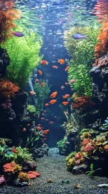 Colorful aquascape with tropical fish in tall glass tank.