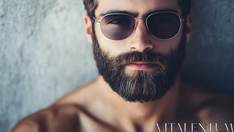 Close portrait of bearded man wearing round sunglasses.