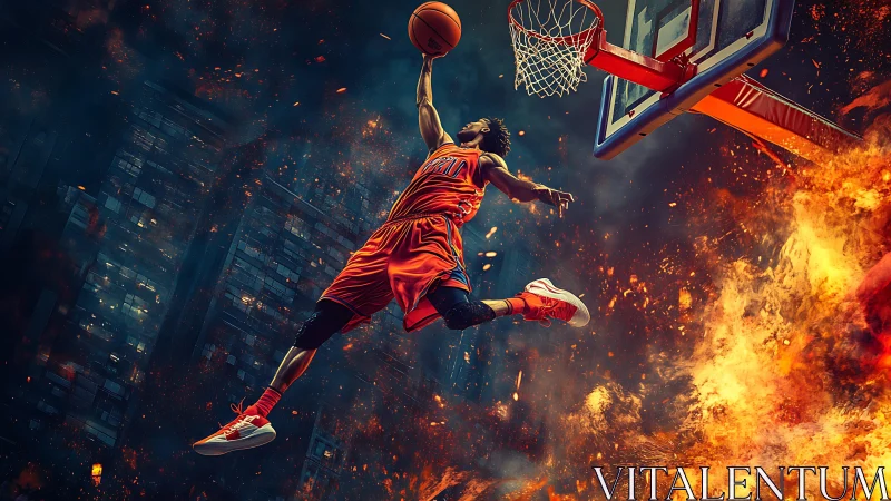 Skybound baller ignites a firestorm slam over burning court.