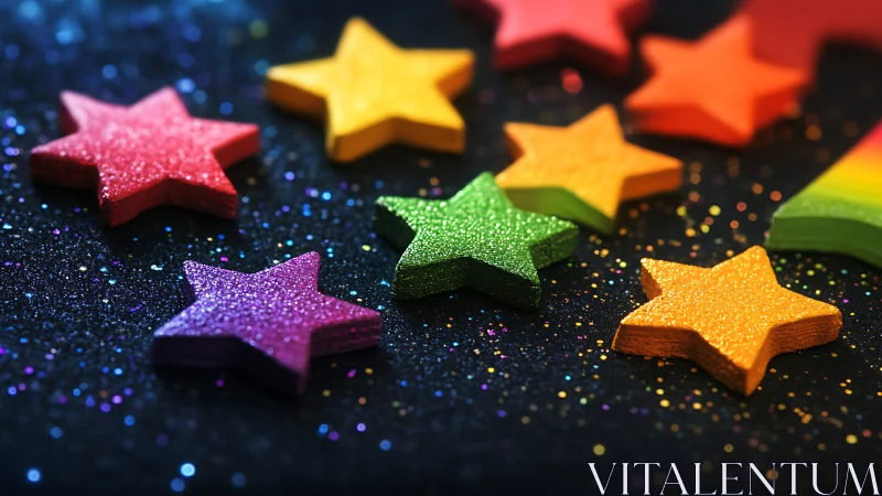 Macro view of glittered rainbow wooden star shapes on dark surface.