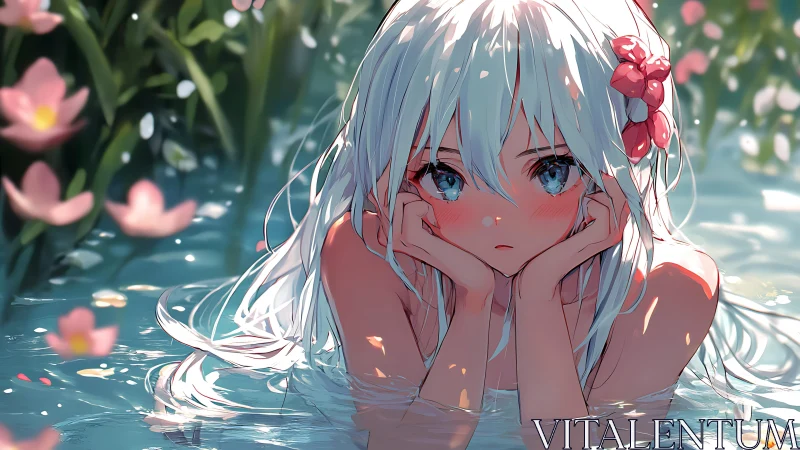 White-haired girl rests in sunlit flowered forest pool.