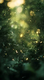 Golden lights illuminate dark green evergreen branches with bokeh