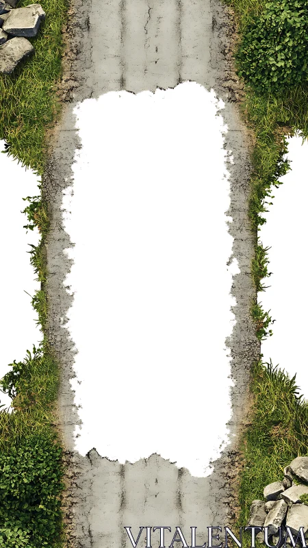 Vertical cracked concrete road frame with grass border.