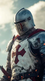 Steadfast medieval knight stands ready beneath bright skies