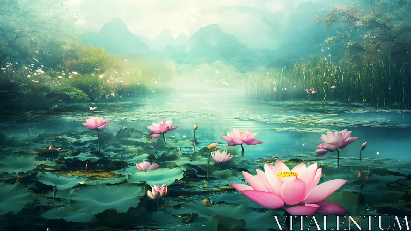 Lotus blossoms drift gently across a misty emerald pond
