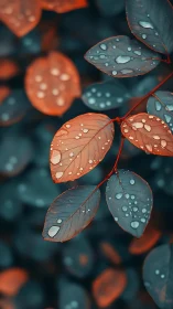 Raindrop constellations shimmer across teal and ember leaves
