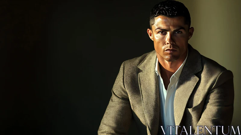 Serious man in tan blazer against dark background.