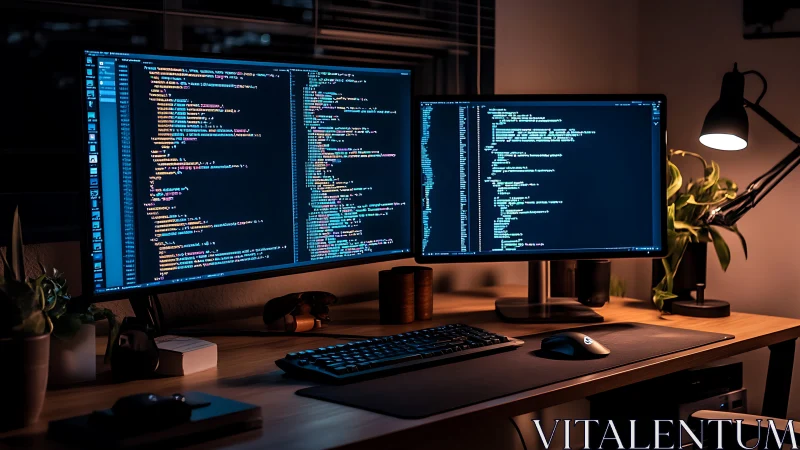 Dual-monitor software engineering workstation in nocturnal operation.