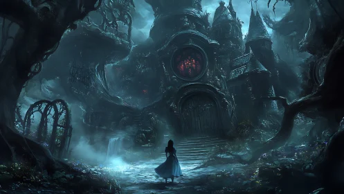 Gothic manor looms over cloaked girl in moonlit fantasy forest
