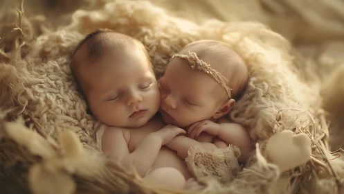 Twin Newborns Sleeping in Neutral Tones with Textile Textures