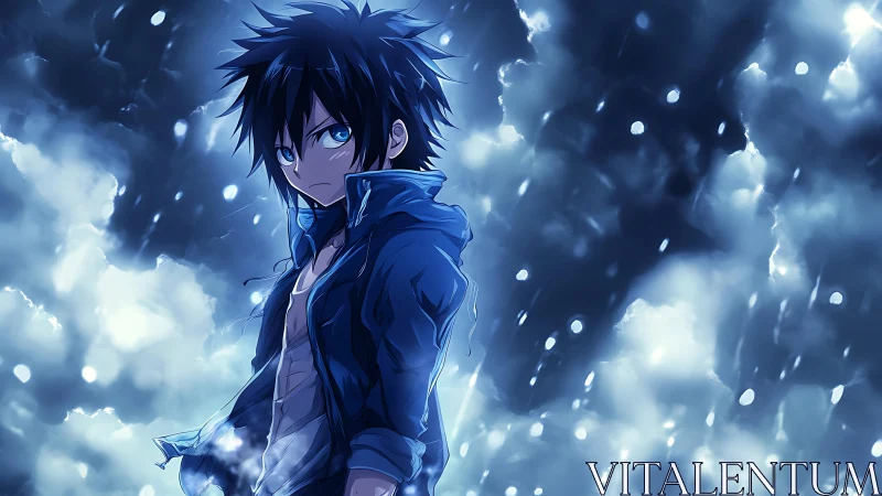 Storm-lit anime hero standing strong in glowing rainstorm.