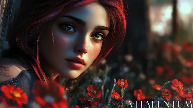 Forest girl among scarlet blooms in warm twilight glow.