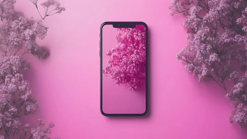 Monochrome magenta smartphone reflection with floral parallax.