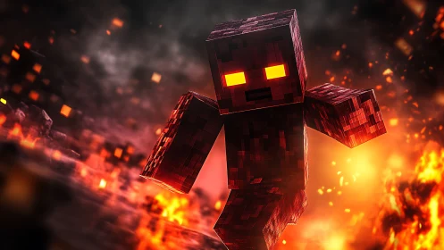 Fiery pixel warrior charges through explosive lava storm.