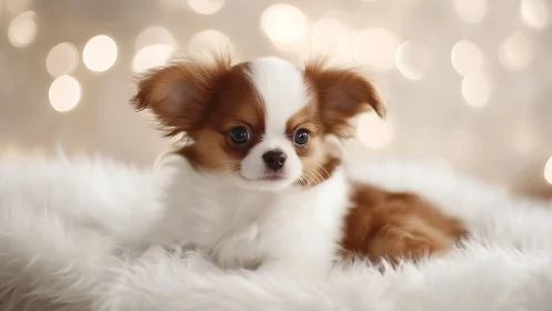 Portrait captures long-haired puppy on faux fur with bokeh lights