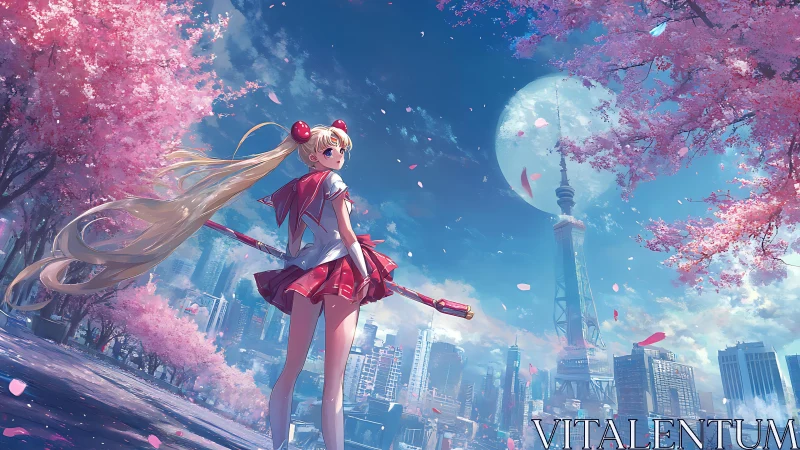 Magical schoolgirl under cherry blossoms in future city.