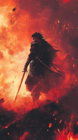 Lone ember knight strides through a roaring inferno of war.
