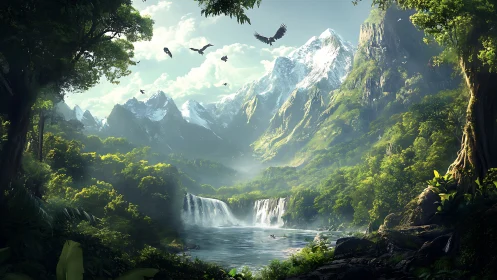 Mystic rainforest valley with waterfalls and jagged peaks.