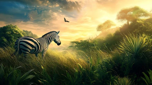 Striped wanderer pauses in molten-gold savanna sunrise.