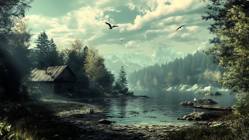 Lakeside cabin stands beside calm forest water at sunrise