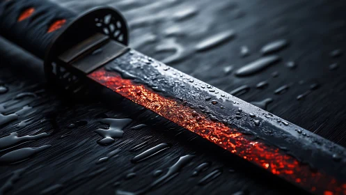 Wet katana blade with internal red glow on dark surface.