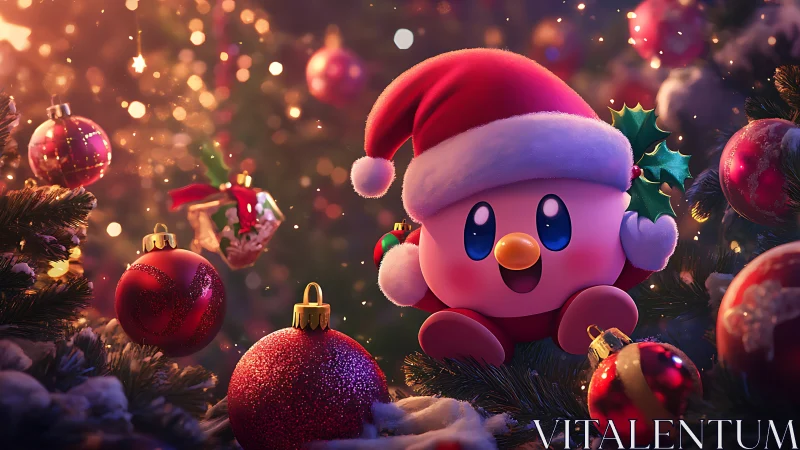Festive pink mascot in Santa hat amid depth-rich Christmas bokeh