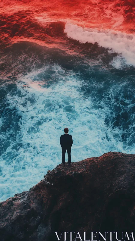 Solitary figure surveys crimson horizon above churning sea.