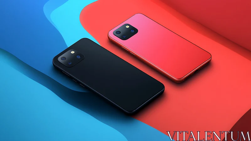 Colorful twin smartphones resting on bold flowing waves.