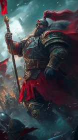 Armored commander stands over battlefield amid rising smoke