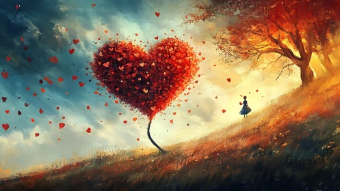 Heart-Shaped Tree with Floating Petals in Autumn Landscape