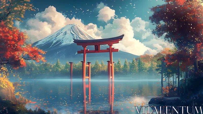 Torii gate on lake before distant snow-capped mountain.