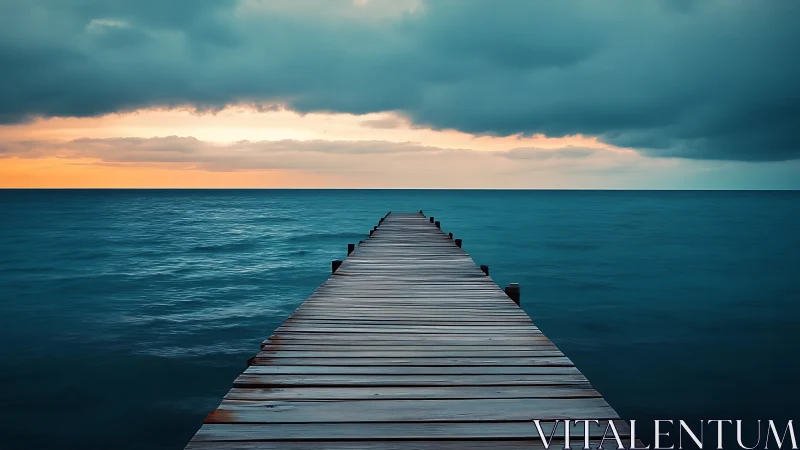 Wooden pier drifts into teal sea beneath brooding sunrise sky.
