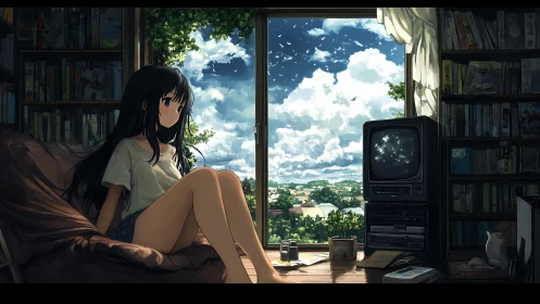 Summer-lit anime room with girl, bookshelves and skyline view.