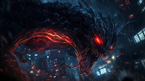 Cybernetic hell-serpent over neon rain-washed skyline.