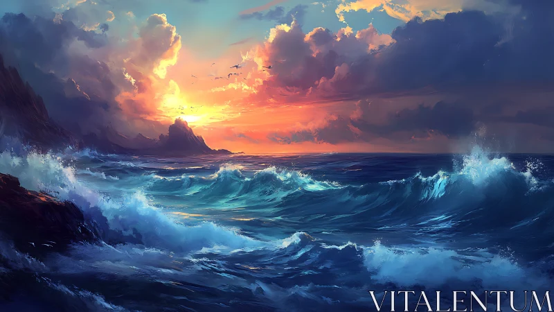 Sunset light pours over stormy waves and a distant coast