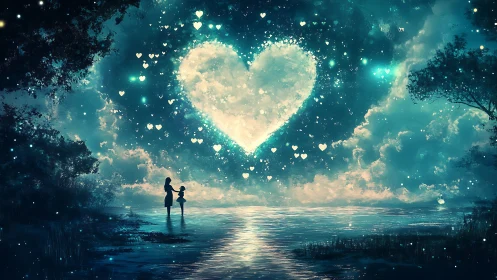 Heart-shaped luminous formation above silhouetted figures in water