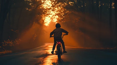 Cyclist silhouette on forest road in low angled sunlight.