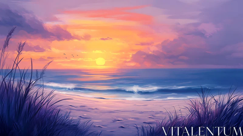 Calm ocean sunset viewed through soft coastal grasses.