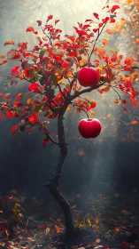 Small apple tree with red foliage in filtered forest light.